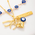 Personalizado Evil Eye Wishbone herradura Juego de 2 collares con nombre y colgante en forma de corazón cumpleaños aniversario regalo para amigos de la familia