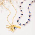 Personalizado Evil Eye Wishbone herradura Juego de 2 collares con nombre y colgante en forma de corazón cumpleaños aniversario regalo para amigos de la familia