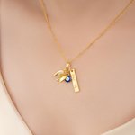 Personalizado Evil Eye Wishbone herradura Juego de 2 collares con nombre y colgante en forma de corazón cumpleaños aniversario regalo para amigos de la familia