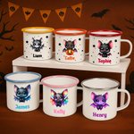 Personlig söt tecknad fladdermusstjärna 12 oz flerfärgad emaljmugg med namn för dagligt bruk Halloween-present för pojkar flickor