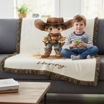 Personalised Cartoon Cowboy Cowgirl Tassel Soft Throw Blanket with Name Home Decor Birthday Gift for Kids Cowboy Lovers