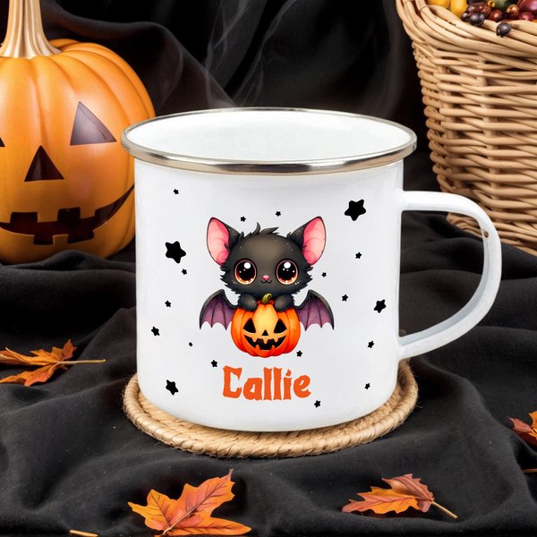 Spersonalizowany kubek emaliowany z imieniem i nazwiskiem Cute Cartoon Bat Star 12 uncji Wielokolorowy kubek emaliowany z imieniem i nazwiskiem Codzienny prezent na Halloween dla chłopców i dziewczyne