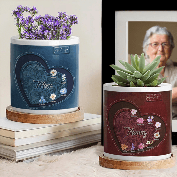Personalizada Vintage Corazón Nacimiento Flor de cerámica maceta con 1-12 nombres y título decoración del hogar regalo de Navidad para mamá abuela