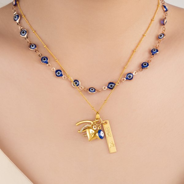 Personalizado Evil Eye Wishbone herradura Juego de 2 collares con nombre y colgante en forma de corazón cumpleaños aniversario regalo para amigos de la familia