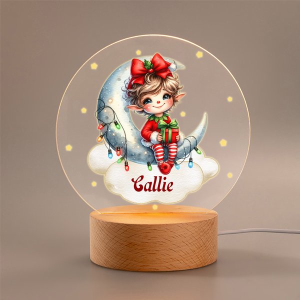 Personalised Dreamy Christmas Elf Moon Cloud LED Night Light with Name and Wooden Base Nursery Room Decor Christmas Gift for Baby Kid