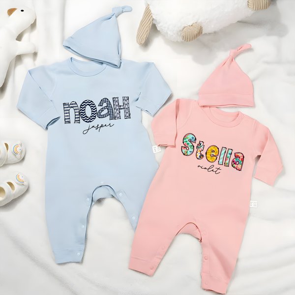 Personalized Colorful Floral Doodle Letter 100% Cotton Baby Romper Hat Set with Text Baby Shower Gift for Newborn New Parents