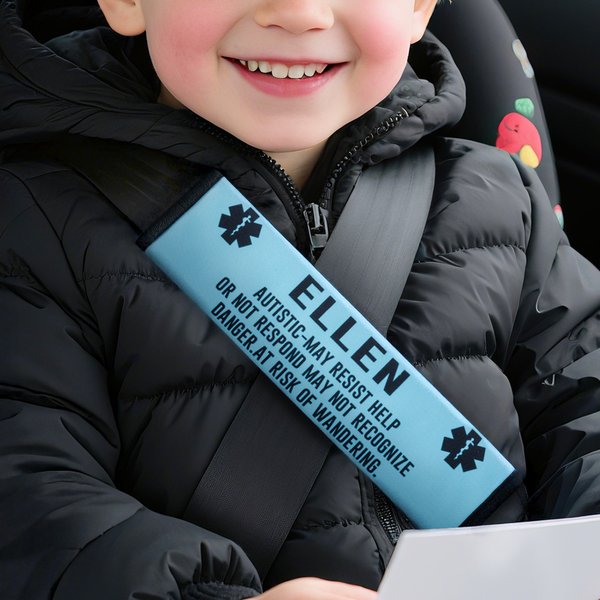 Titolo di allarme medico personalizzato Copertura morbida della cintura di sicurezza con nome e testo Accessori per auto Regalo per la Giornata della consapevolezza dell'autismo per bambini autistici 