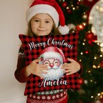Personalized Merry Christmas Cute Cartoon Santa Claus Plaid Throw Pillow Cover with Name Home Decor Christmas Gift for Kids