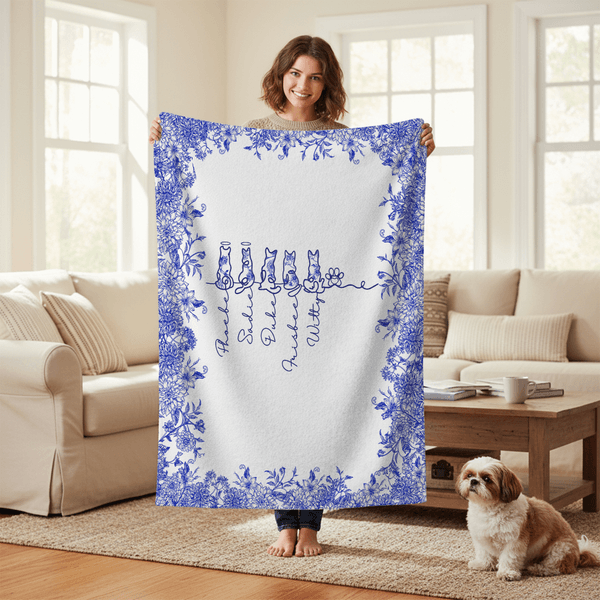Coperta personalizzata Toile De Jouy foderata con sagome di cani, decorazione per la casa con 1-7 nomi, regalo di compleanno per gli amanti degli animali.