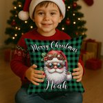 Personalized Merry Christmas Cute Cartoon Santa Claus Plaid Throw Pillow Cover with Name Home Decor Christmas Gift for Kids
