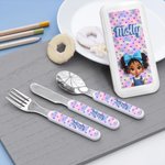 Personalized Cartoon Black Boy Girl Fork Spoon Knife 3 Pcs Cutlery Set with Name and Case Daily Use School Birthday Gift for Kids