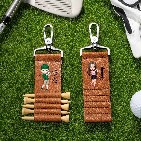 Tee Your Game Tie Your Heart - Gepersonaliseerde Cartoon Karakter PU Leren Golf Tee Houder en 5 stuks Bamboe Tees