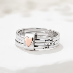 Personalised Sterling Silver Name Stacking Rings - Engraved 2-7 Bands with Heart Accent, Daily Wear Jewellery for Her