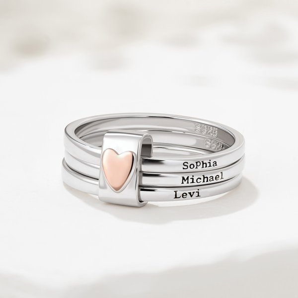 Personalised Sterling Silver Name Stacking Rings - Engraved 2-7 Bands with Heart Accent, Daily Wear Jewellery for Her