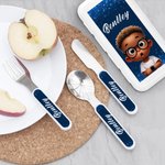 Personalized Cartoon Black Boy Girl Fork Spoon Knife 3 Pcs Cutlery Set with Name and Case Daily Use School Birthday Gift for Kids