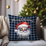 Personalized Merry Christmas Cute Cartoon Santa Claus Plaid Throw Pillow Cover with Name Home Decor Christmas Gift for Kids