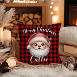 Personalized Merry Christmas Cute Cartoon Santa Claus Plaid Throw Pillow Cover with Name Home Decor Christmas Gift for Kids