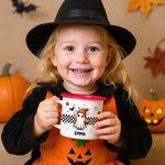 Personalised Cute Ghost Raccoon Pumpkin 12 oz Enamel Mug with Name and Text Trick or Treat Use Halloween Party Gift for Boys Girls