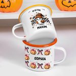 Personalised Cute Ghost Raccoon Pumpkin 12 oz Enamel Mug with Name and Text Trick or Treat Use Halloween Party Gift for Boys Girls