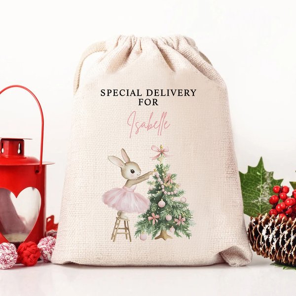 Personalised Christmas Tree Cute Pink Rabbit Santa Sack Gift Bag with Name Christmas Party Favors for Kids Family Friends