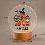 Luz nocturna LED personalizada con personaje y sombrero de bruja con nombre e inicial base de madera regalo de Halloween o cumpleaños para niños