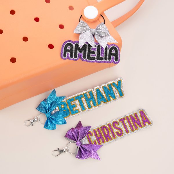 Personalized Glitter Bow Keychain Backpack Name Tag Travel Accessories Daily Use Birthday Gift for Cheerleaders Teammates