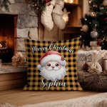 Personalized Merry Christmas Cute Cartoon Santa Claus Plaid Throw Pillow Cover with Name Home Decor Christmas Gift for Kids