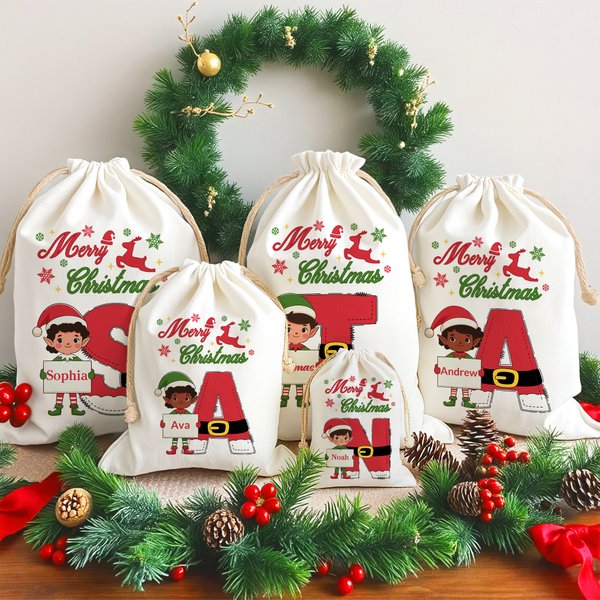 Personalized Christmas Elf Drawstring Canvas Gift Bag with Name and Initial Christmas Party Gift for Kids Family