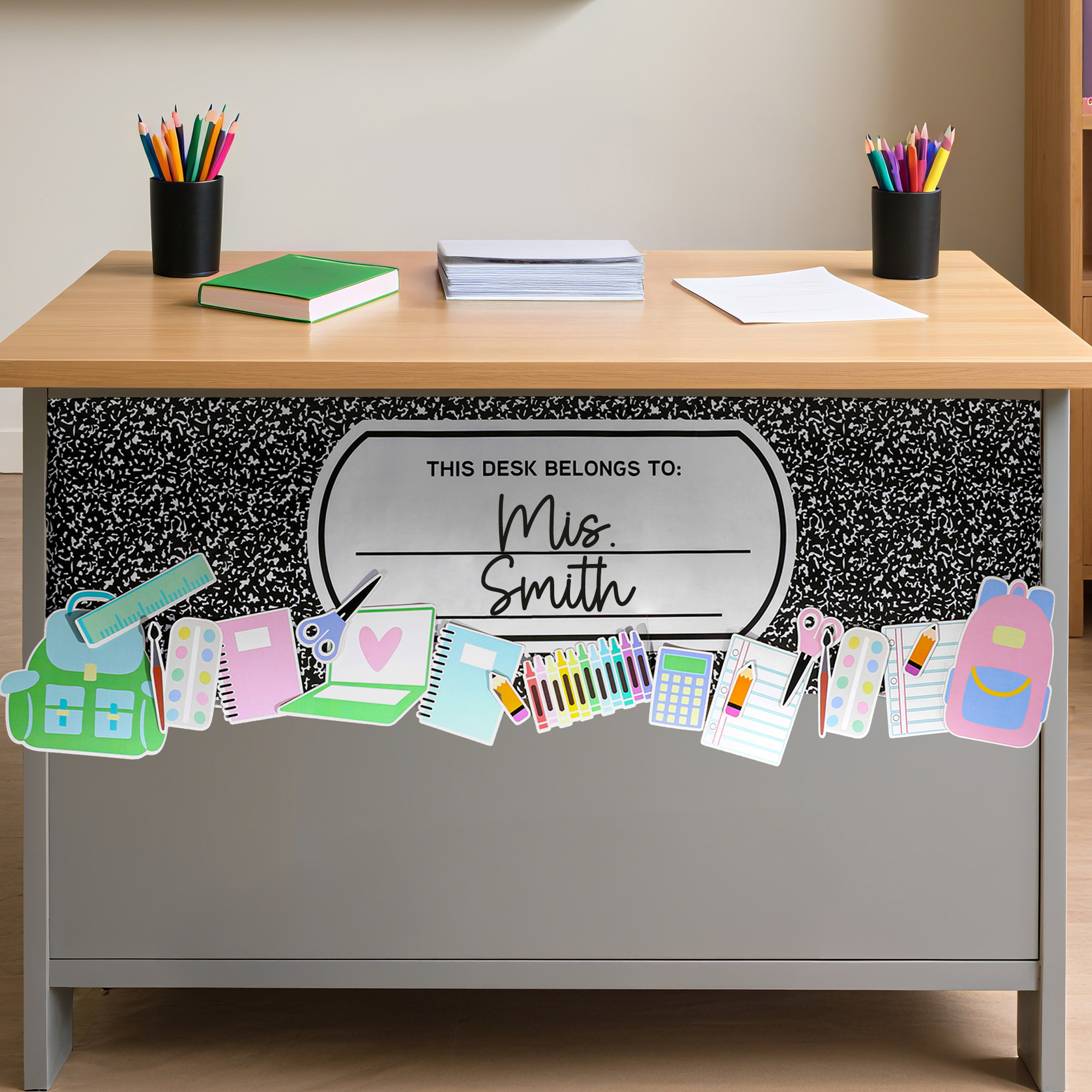 Personalisierte lustige Komposition Buch Design wasserdicht Desktop dekorative Aufkleber mit Titel und Nachname zurück zu Schule Geburtstag Geschenk für Lehrer