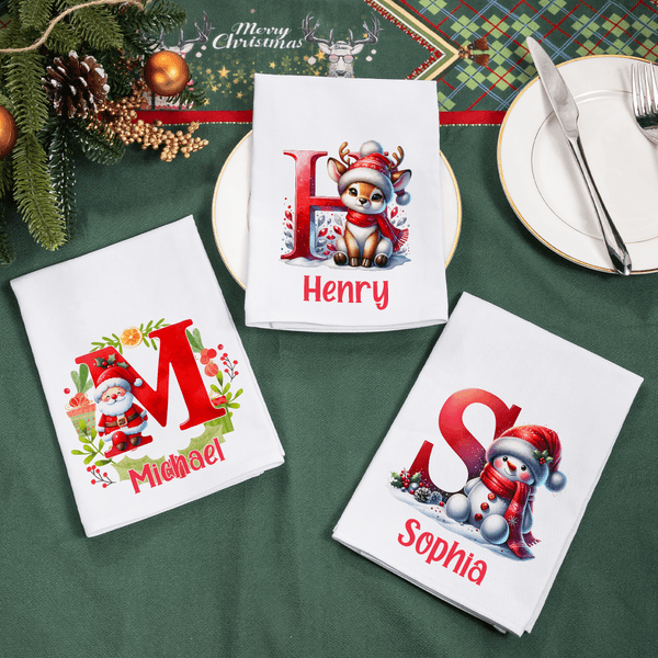 Personalisierte Wiederverwendbare Serviette mit Kranz Schneemann Weihnachtsmann Initiale Namen aus Baumwolle Weihnachtsgeschenk für Familie Freunde