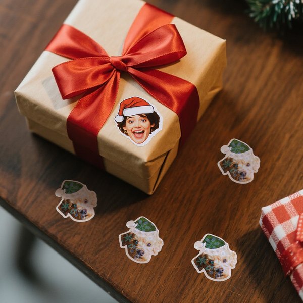 Photo personnalisée du visage du bonnet du Père Noël Lot de 12 autocollants étanches à paillettes Confettis Décor de Noël Favoris pour la famille et les amis