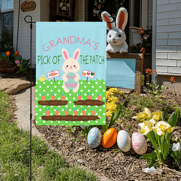 Personalized Cute Bunny Radishes Garden Flag with 1-12 Names Garden Outdoor Decor Holiday Gift for Mom Grandma Family