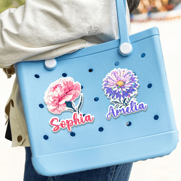 Personalised Birth Flower Glitter Stars Name Button Tag Bag Charm Accessories Birthday Anniversary Christmas Gift for Women