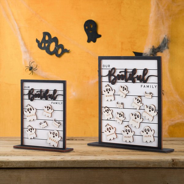 Panneau en bois personnalisé Our Bootiful Family 2-12 Ghosts avec nom gravé Décoration de la maison Cadeau d'Halloween pour la famille et les amis