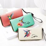Personalizada Colibrí PU de cuero con cremallera Cartera con nombre y correa de muñeca Cumpleaños Aniversario de regalo para las mujeres