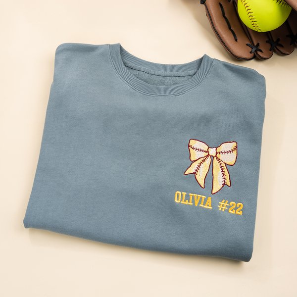 Personalized Sports Ball Bow Multicolor T-shirt Sweatshirt Hoodie with Embroidered Text Birthday Anniversary Gift for Women Sports Enthusiasts