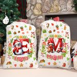 Spersonalizowany Snowman Reindeer Penguin Christmas Initial Drawstring Christmas Gift Bag with Name Christmas Eve Party Gift for Kids Family Friends