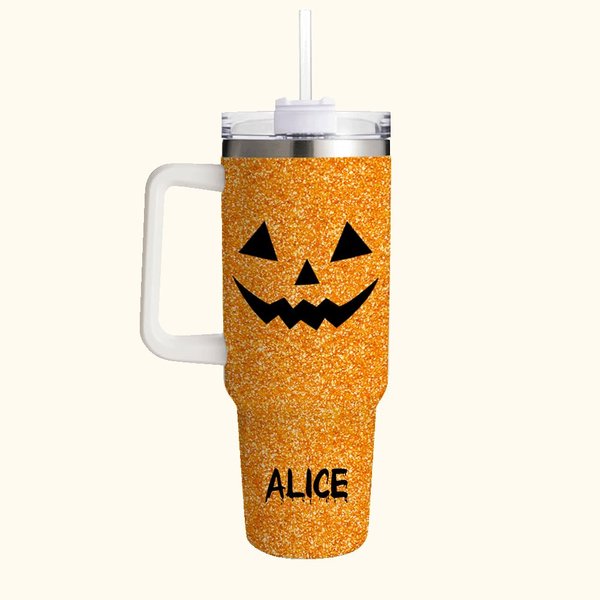 Personlig stor kapacitet 1180 ml rostfritt stålkopp med lock och sugrör glittrig pumpa design Halloweenpresent till vänner och familj
