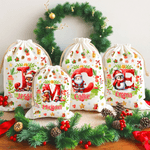 Personalised Snowman Reindeer Penguin Christmas Initial Drawstring Christmas Gift Bag with Name Christmas Eve Party Gift for Kids Family Friends