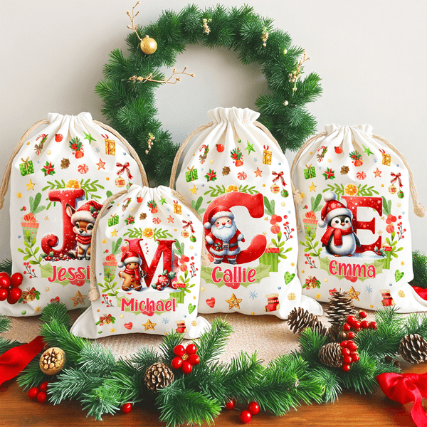 Personalised Snowman Reindeer Penguin Christmas Initial Drawstring Christmas Gift Bag with Name Christmas Eve Party Gift for Kids Family Friends