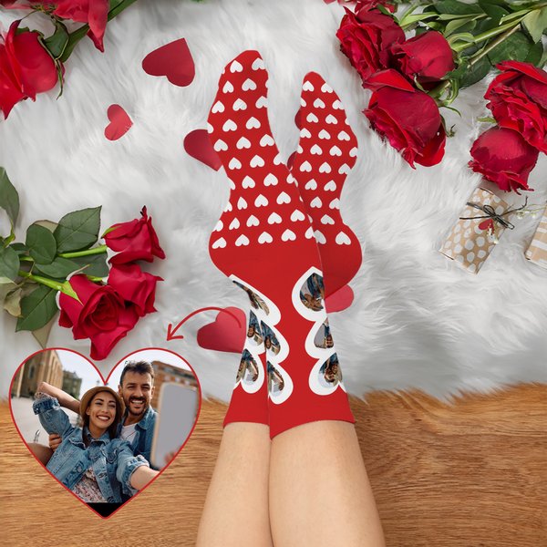 Personalised 3 Heart-Shaped Photos Skin-Friendly Mid-Calf Socks Valentine's Day Anniversary Birthday Christmas Gift for Couples