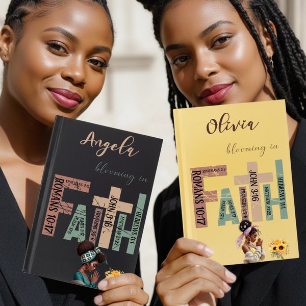 Gepersonaliseerde Sunflower Black Girl Bijbel Geloof A5 Notebook en Potloden Set met Naam Verjaardag Kerstcadeau voor Zwarte Christelijke Vrouw