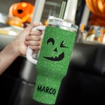 Bicchiere personalizzato da 1180 ml ad effetto glitter con nome e faccia di zucca divertente regalo di Halloween per amici e familiari