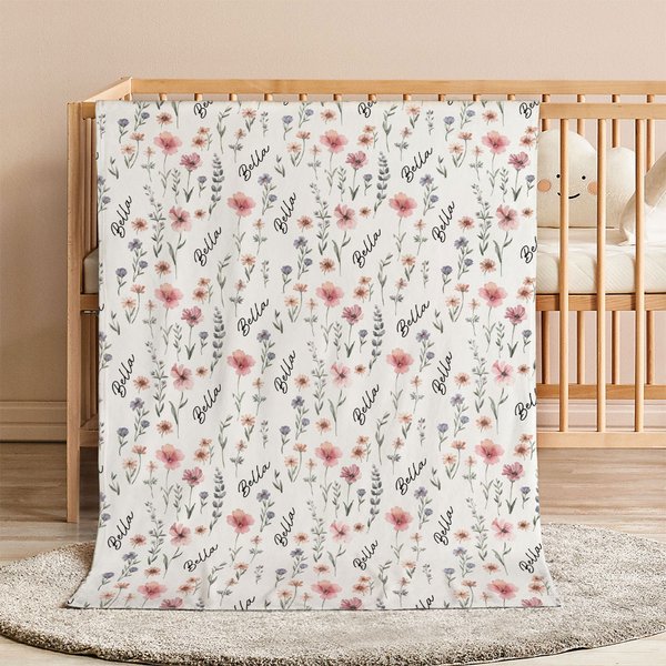 Gepersonaliseerde Wilde Bloemen Zachte Babydeken met Naam Baby Shower Verjaardag Kerstcadeau voor Pasgeborenen Nieuwe Ouders