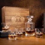 Personalized Lion Vintage Border Whiskey Glass Wooden Box Set with Initial and Name Father's Day Birthday Anniversary Gift for Dad