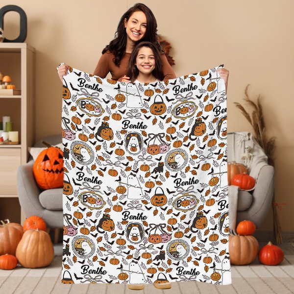 Gepersonaliseerde Spook Pompoen Zachte Deken Baby Inbakerdoek en Knoopmuts Set met Naam Halloween Cadeaus voor Familie Nieuwe Ouders