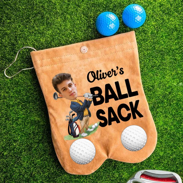Personalised Cartoon Character Face Photo Suede Golf Ball Bag Sack with 2 Golf Balls Golf Accessory Birthday Gift for Men Golfer Golf Player