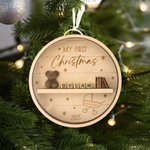 Personalised Bookshelf and Teddy Bear Wooden Christmas Tree Ornament with Name and Year Block Tree Decor First Christmas Gift for New Parents Newborns