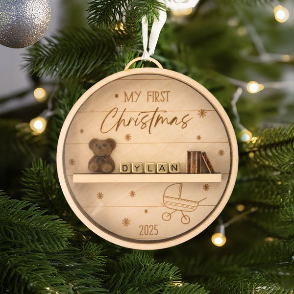Personalised Bookshelf and Teddy Bear Wooden Christmas Tree Ornament with Name and Year Block Tree Decor First Christmas Gift for New Parents Newborns