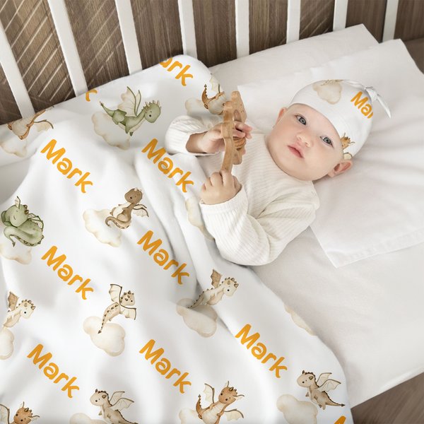 Personlig søt dinosaur 100% bomulls myk swaddle teppe og knutehatt sett med navn Daglig bruk Baby shower bursdagsgave til nyfødte